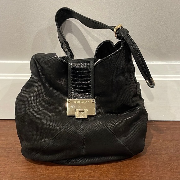 Jimmy Choo Snakeskin Embossed Calfskin Rahmyn Black Shoulder Bag - Picture 1 of 8